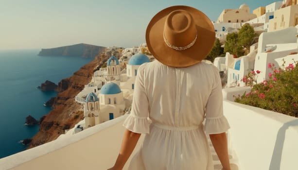An elegant woman in a white dress and orange hat gracefully descends the iconic white steps of Santorini with the island’s beautiful architecture and blue sea in the background.