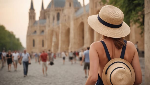 A stylish woman in a colorful outfit explores a historical city. The architectural beauty of the place complements its elegant presence.