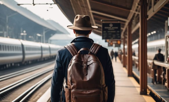 A traveler adorned in a hat and backpack waits on a busy train station platform. The blue train and bustling passengers paint a scene of urban transit.