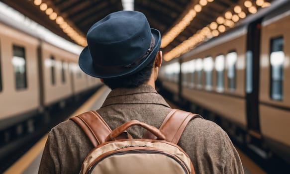 A traveler adorned in a hat and backpack waits on a busy train station platform. The blue train and bustling passengers paint a scene of urban transit.