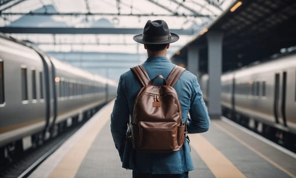 A traveler adorned in a hat and backpack waits on a busy train station platform. The blue train and bustling passengers paint a scene of urban transit.