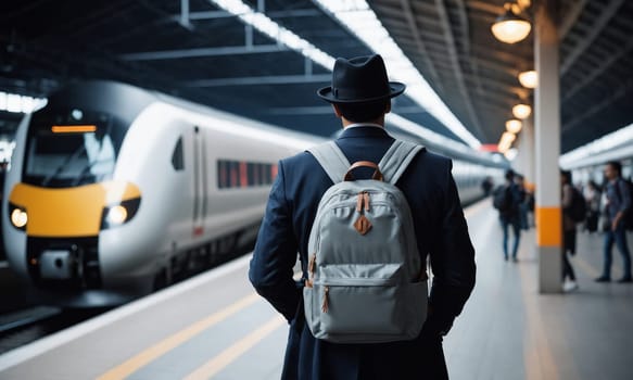 A traveler adorned in a hat and backpack waits on a busy train station platform. The blue train and bustling passengers paint a scene of urban transit.