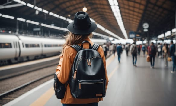 A traveler adorned in a hat and backpack waits on a busy train station platform. The blue train and bustling passengers paint a scene of urban transit.