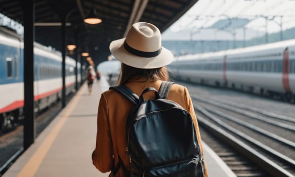 A traveler adorned in a hat and backpack waits on a busy train station platform. The blue train and bustling passengers paint a scene of urban transit.