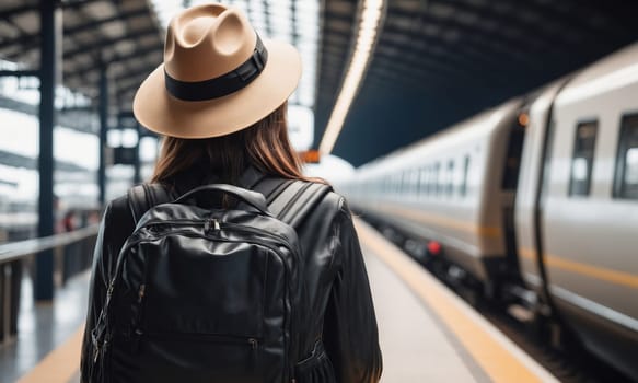 A traveler adorned in a hat and backpack waits on a busy train station platform. The blue train and bustling passengers paint a scene of urban transit.