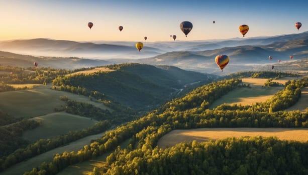 A breathtaking view of colorful hot air balloons soaring over a picturesque historic village nestled among lush greenery and mountains at sunrise.