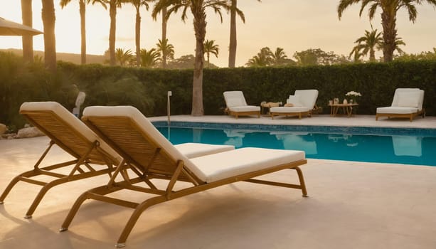 A serene poolside scene at sunset featuring four turquoise lounge chairs perfectly aligned beside a calm and inviting pool surrounded by lush palm trees.