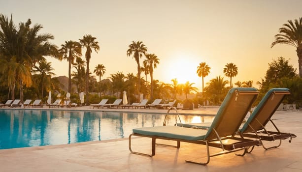 A serene poolside scene at sunset featuring four turquoise lounge chairs perfectly aligned beside a calm and inviting pool surrounded by lush palm trees.