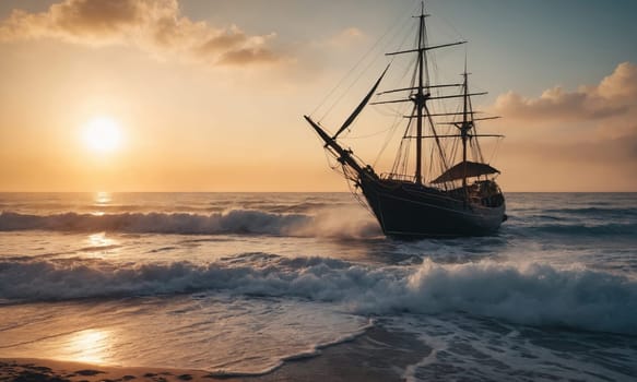 boat on the ocean waves against the backdrop of a breathtaking sunset. The golden hour of light creates a calm and quiet atmosphere.