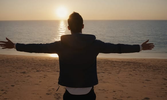 A person stands with arms raised on a serene beach. The silhouette is highlighted against the backdrop of a tranquil ocean and towering mountains.