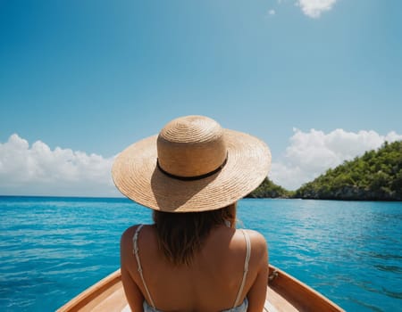 Back view of a woman in a swimsuit and hat sitting on the bow of a boat in the tropical sea