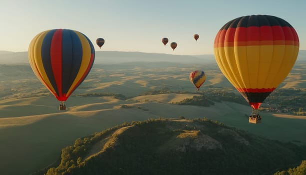 Spectacular views of colorful hot air balloons floating above the scenic landscape during golden hour. The image captures the essence of freedom and adventure.