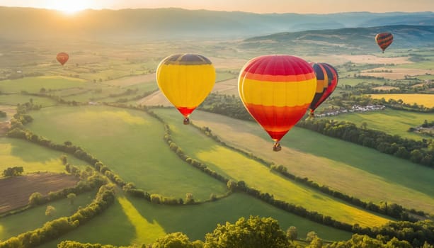 Spectacular views of colorful hot air balloons floating above the scenic landscape during golden hour. The image captures the essence of freedom and adventure.