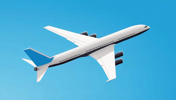 Illustration of a white commercial airplane on a blue background.