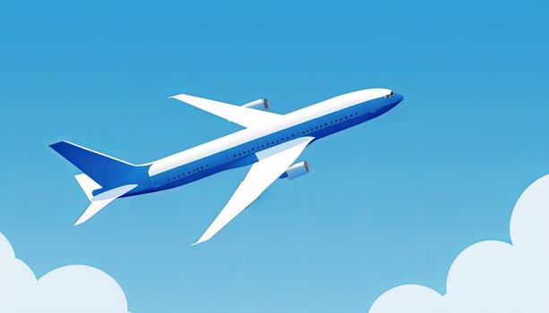 Illustration of a white commercial airplane on a blue background.