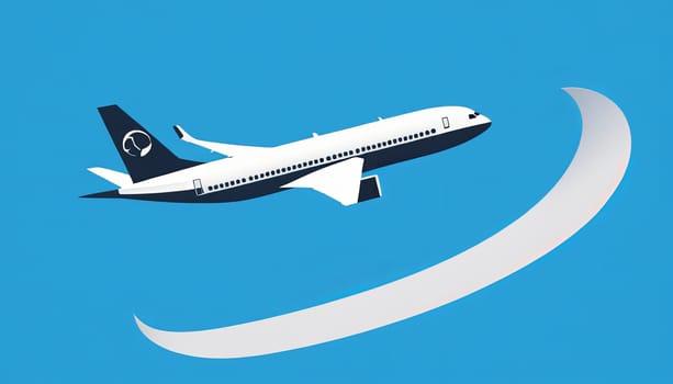 Illustration of a white commercial airplane on a blue background.