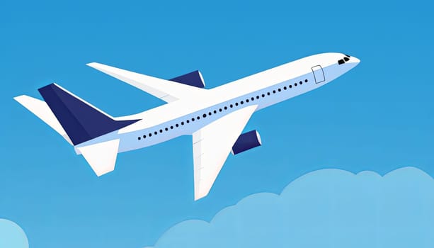 Illustration of a white commercial airplane on a blue background.