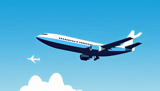 Illustration of a white commercial airplane on a blue background.