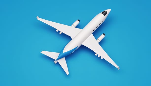 Illustration of a white commercial airplane on a blue background.