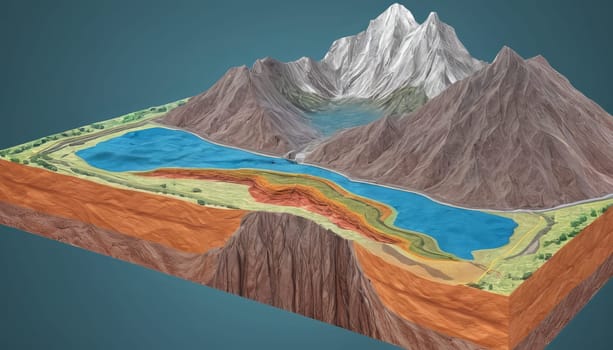Detailed illustration showing the different geological layers of the Earth. The image is a colorful and textured depiction of different strata and formations underground.