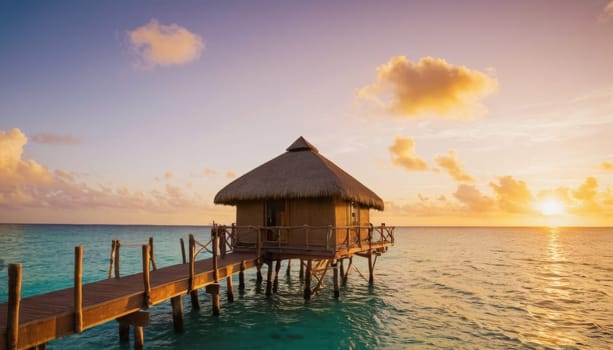 A luxurious overwater bungalow set against a stunning sunset. Surrounded by calm waters and palm trees offering a perfect tropical escape.