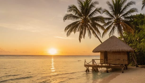 A luxurious overwater bungalow set against a stunning sunset. Surrounded by calm waters and palm trees offering a perfect tropical escape.