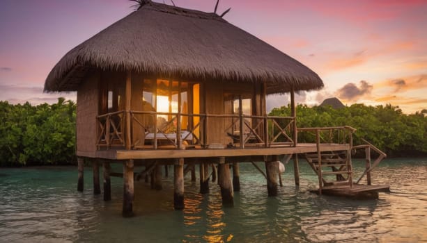 A luxurious overwater bungalow set against a stunning sunset. Surrounded by calm waters and palm trees offering a perfect tropical escape.