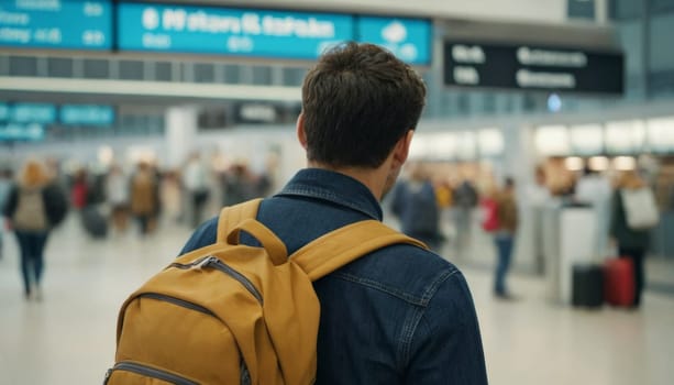 A back view of a young traveler with a green backpack looking at the departure boards in a modern and bright airport terminal.