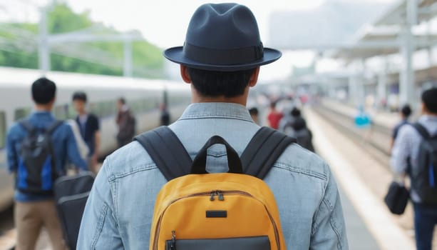 A back view of a young traveler with a green backpack looking at the departure boards in a modern and bright airport terminal.