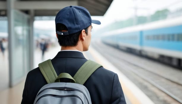 A back view of a young traveler with a green backpack looking at the departure boards in a modern and bright airport terminal.