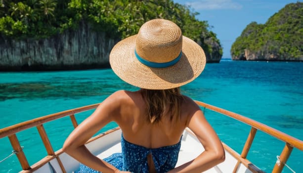 A woman wearing a straw hat looks out over stunning turquoise waters surrounded by lush green islands. Captures the essence of a relaxing tropical getaway.