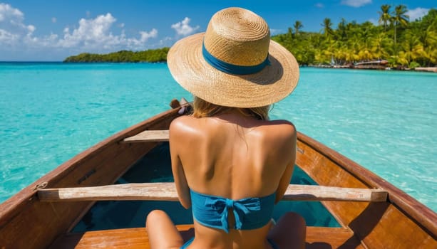 A woman wearing a straw hat looks out over stunning turquoise waters surrounded by lush green islands. Captures the essence of a relaxing tropical getaway.