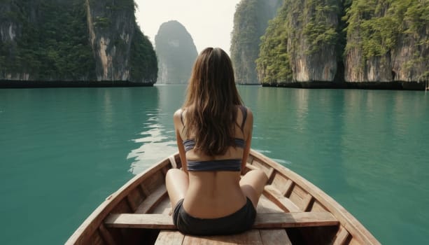A woman looks out over stunning turquoise waters surrounded by lush green islands. Captures the essence of a relaxing tropical getaway.