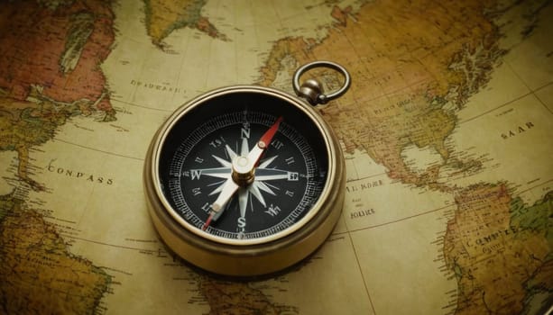 An ancient compass lies open on an antique world map. The golden tones of aged paper and the intricate details of the compass evoke a sense of historical exploration and discovery.
