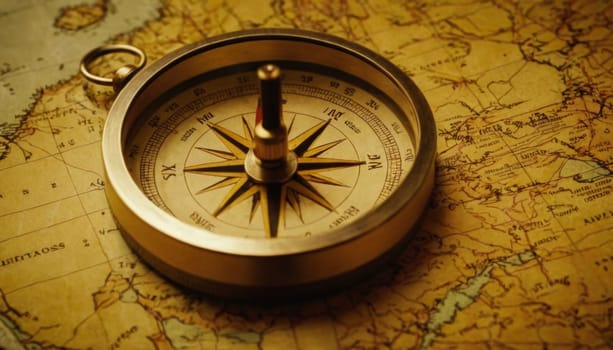 An ancient compass lies open on an antique world map. The golden tones of aged paper and the intricate details of the compass evoke a sense of historical exploration and discovery.