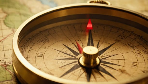 An ancient compass lies open on an antique world map. The golden tones of aged paper and the intricate details of the compass evoke a sense of historical exploration and discovery.