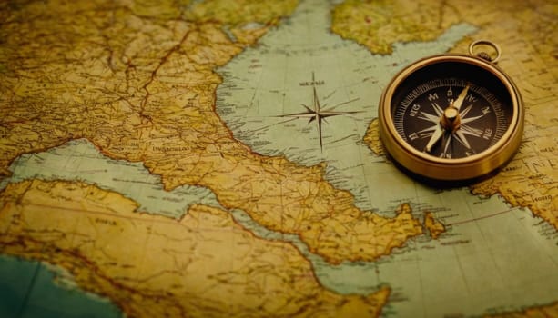 An ancient compass lies open on an antique world map. The golden tones of aged paper and the intricate details of the compass evoke a sense of historical exploration and discovery.