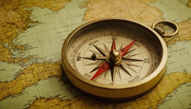 An ancient compass lies open on an antique world map. The golden tones of aged paper and the intricate details of the compass evoke a sense of historical exploration and discovery.