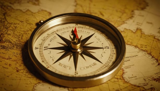 An ancient compass lies open on an antique world map. The golden tones of aged paper and the intricate details of the compass evoke a sense of historical exploration and discovery.