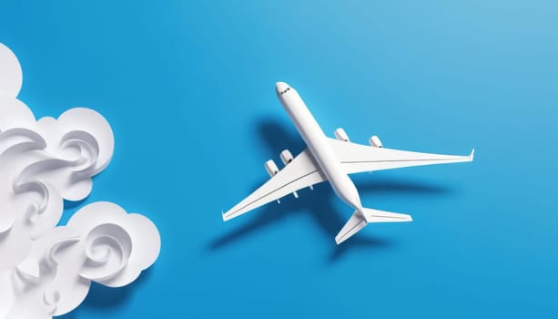 Illustration of a white commercial airplane on a blue background.