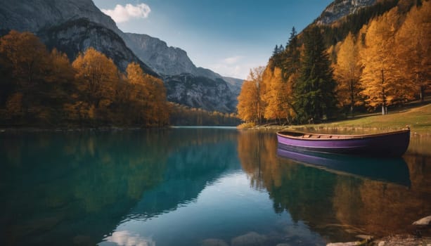 A wooden boat floats on a tranquil lake surrounded by mountains and trees adorned with vibrant autumn foliage. The scene encapsulates the serene beauty of nature.