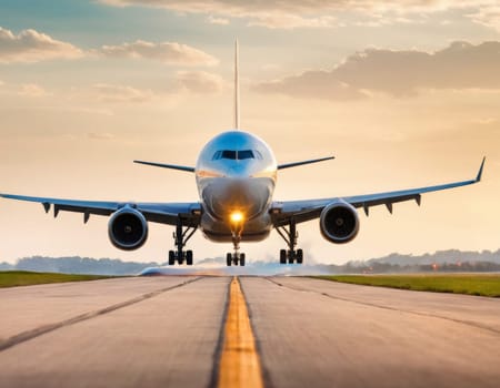 Front view of an airplane taking off from the runway.