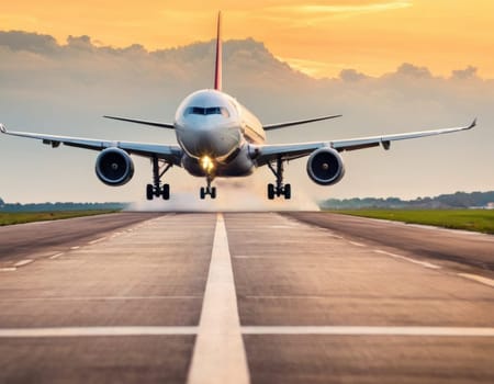 Front view of an airplane taking off from the runway.