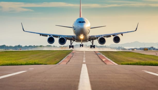 Front view of an airplane taking off from the runway.