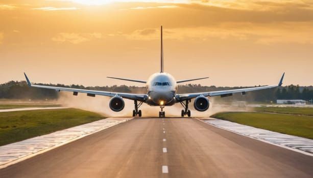 Front view of an airplane taking off from the runway.