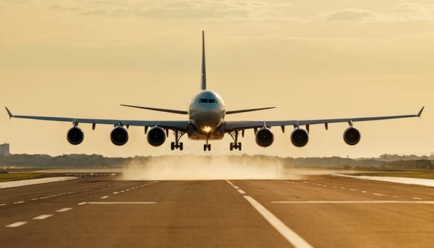 Front view of an airplane taking off from the runway.