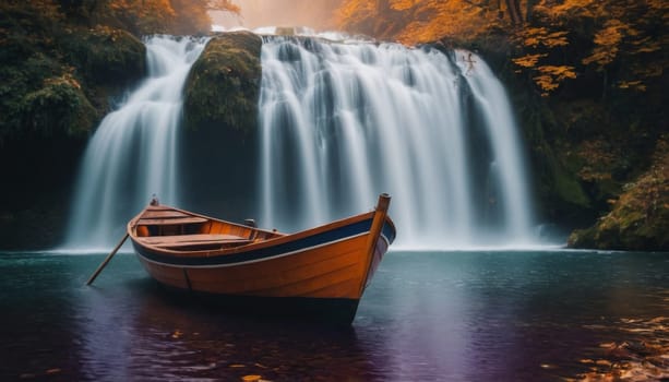 Serene view of a majestic waterfall surrounded by colorful flowers. Empty wooden boat on calm water