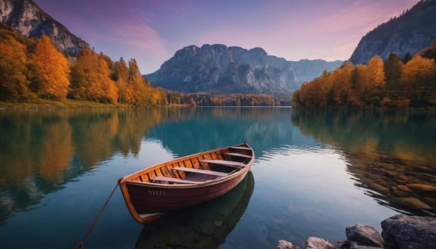 A wooden boat floats on a tranquil lake surrounded by mountains and trees adorned with vibrant autumn foliage. The scene encapsulates the serene beauty of nature.