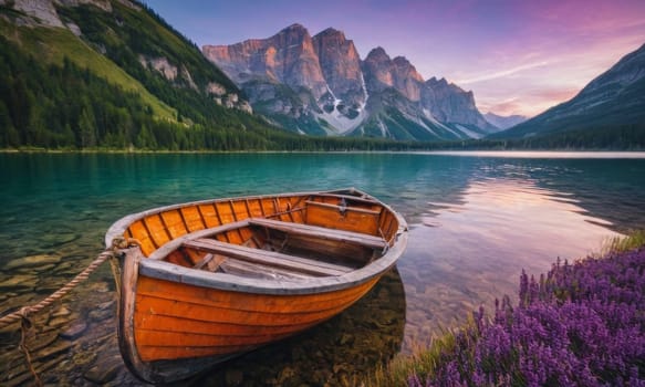 Serene view of a majestic waterfall surrounded by colorful flowers. Empty wooden boat on calm water