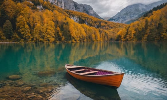 A wooden boat floats on a tranquil lake surrounded by mountains and trees adorned with vibrant autumn foliage. The scene encapsulates the serene beauty of nature.